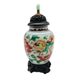 Chinese Porcelain Wucai Vase W/ Rosewood & Jade 19th C., or Earlier in Display