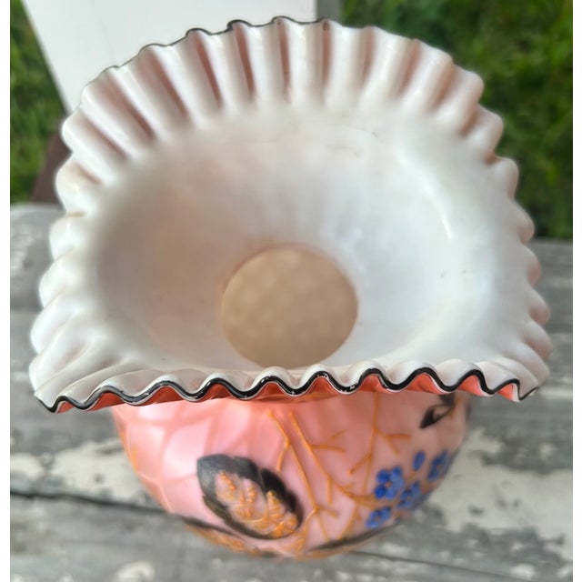 Late 19th Century Bohemian Victorian Harrach Pink/White Cased Glass Quilted Diamond Pattern Hand-Painted Floral/Butterfly Motifs Bulbous Fan Vase For Sale In New Orleans - Image 6 of 8