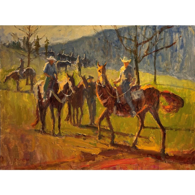 On the Mountain by Ken Valastro | Oil Painting of cowboys on horseback in a mountainous landscape For Sale