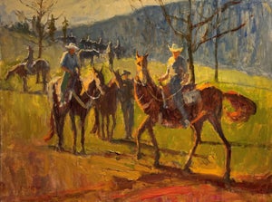 On the Mountain by Ken Valastro | Oil Painting of cowboys on horseback in a mountainous landscape