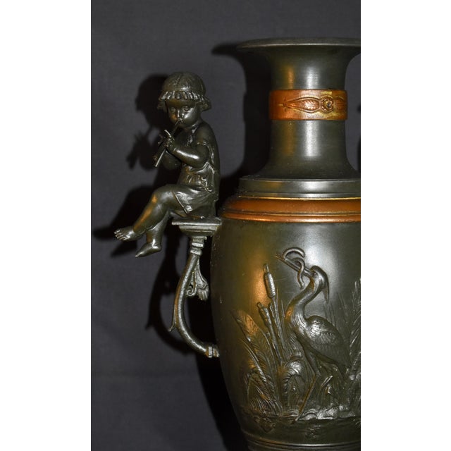 French Vintage Mixed Metal Vase French Style Urn With Figural Cherubs and Cranes For Sale - Image 3 of 17