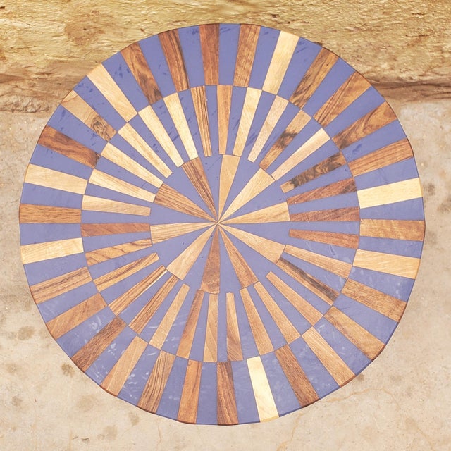 Contemporary Traditional Moroccan Resin and Walnut Wood Stool / Blue Bell Shape For Sale - Image 4 of 6