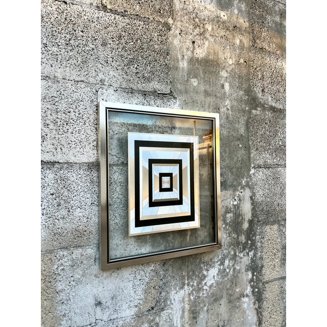 Vintage 1970s Op-Art Geometric Black and Silver Foil Framed Print. For Sale In Miami - Image 6 of 15