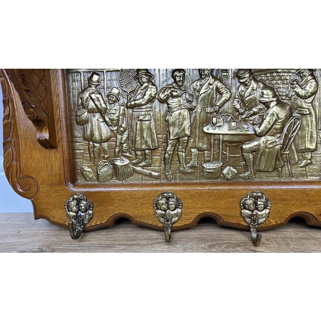 Vintage French Oak 7-Hook Coat Rack with Brass Panel For Sale - Image 5 of 10