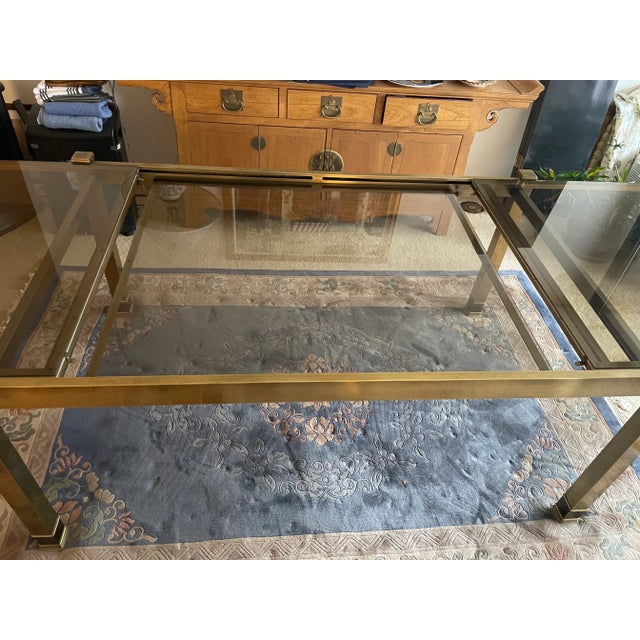 1980s Brass and Glass Dining Table With Integrated Extension Leaf For Sale - Image 10 of 12