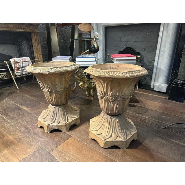 A pair of Buff Terracotta highly decorative antique Urns probably by Blashfield England circa 1870-80 Typical of his work,...
