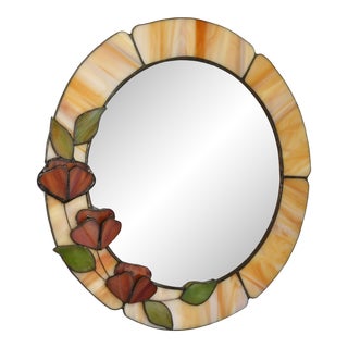 Vintage Arts and Crafts Amber Red Green Tiffany Style Round Wall Mirror For Sale