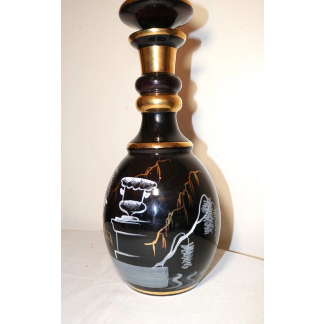 Huge Vintage Black Amethyst Enameled Mary Gregory Glass Liquor Decanter Bottle For Sale - Image 9 of 12