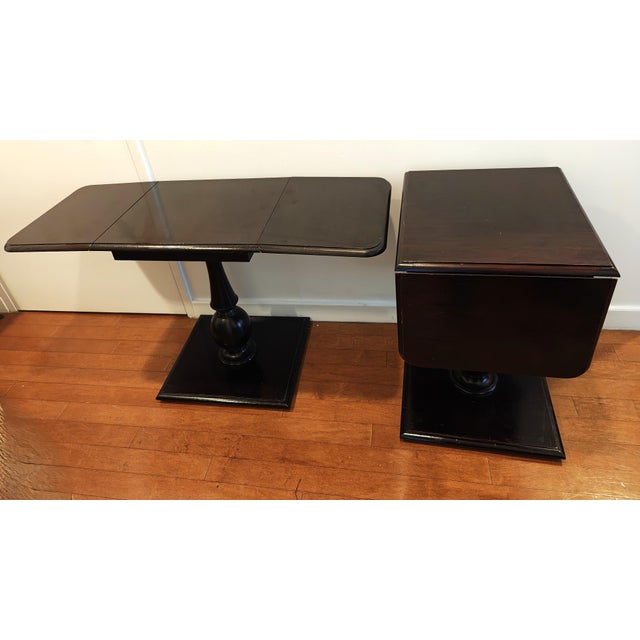 Pair of rare Davis mahogany and Privavera veneer drop leaf side tables. By Thomas O'Brien. Dimensions 20.25ʺW × 17ʺD ×...