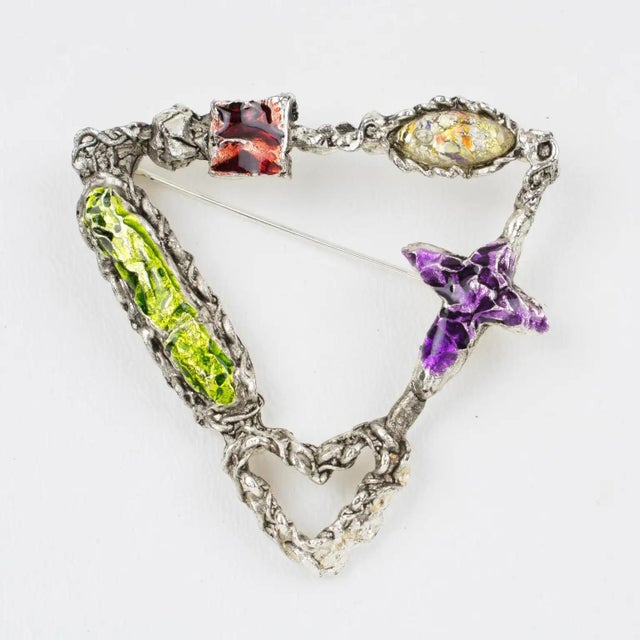 Christian Lacroix Christian Lacroix Silvered Brutalist Brooch with Multicolor Enamel For Sale - Image 4 of 9