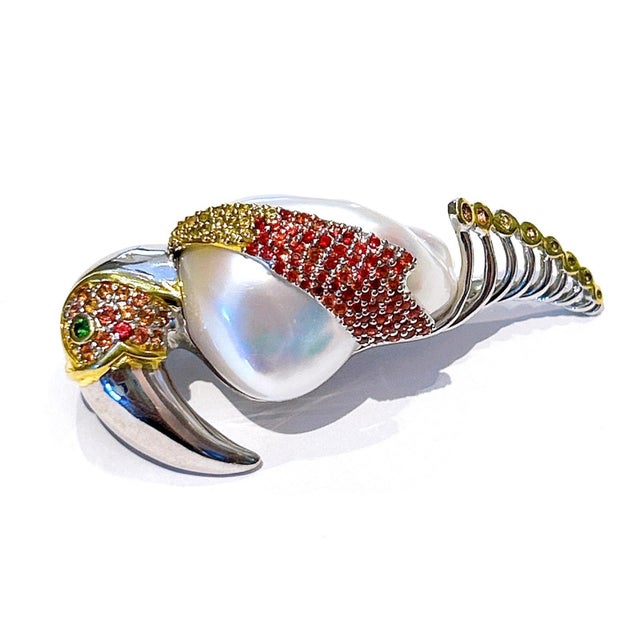 Bochic “Orient” Vintage Ruby, Sapphire & White South Sea Pearl Brooch 18K Gold For Sale - Image 10 of 11