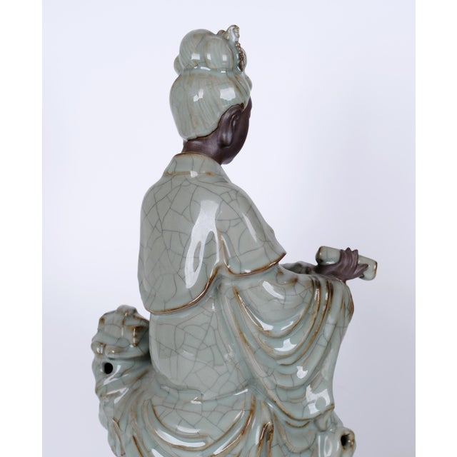Antique Guanyin (Kwan Yin) Goddess of Mercy Buddha Late 19th / Early 20th Century Celadon Color W/ Craquelure Splendid Statue/Sculpture Vg+ For Sale - Image 9 of 12