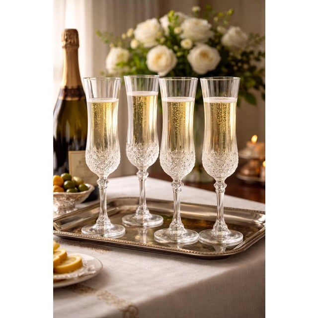 This elegant set of four Longchamp champagne flutes by Cristal d’Arques France showcases timeless French craftsmanship and...