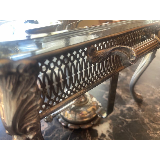 Metal Vintage Silver-Plated Double Chafing Dish With Warming Burners For Sale - Image 7 of 15
