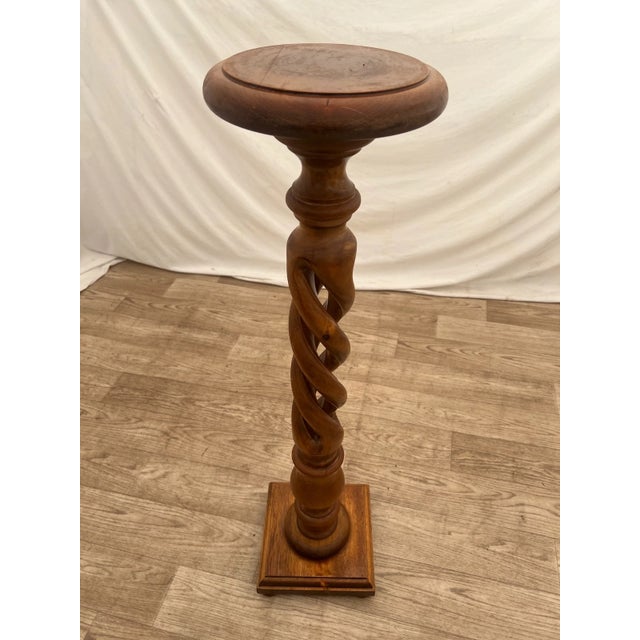 Vintage Plant Stand Tall Table Barley Twist Pedestal Column Round Top Walnut For Sale In Palm Springs - Image 6 of 9