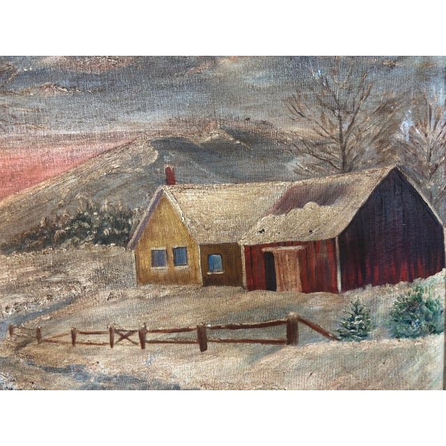 An atmospheric original oil painting depicting a peaceful winter farm nestled among rolling snow-covered hills beneath...