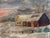 An atmospheric original oil painting depicting a peaceful winter farm nestled among rolling snow-covered hills beneath...