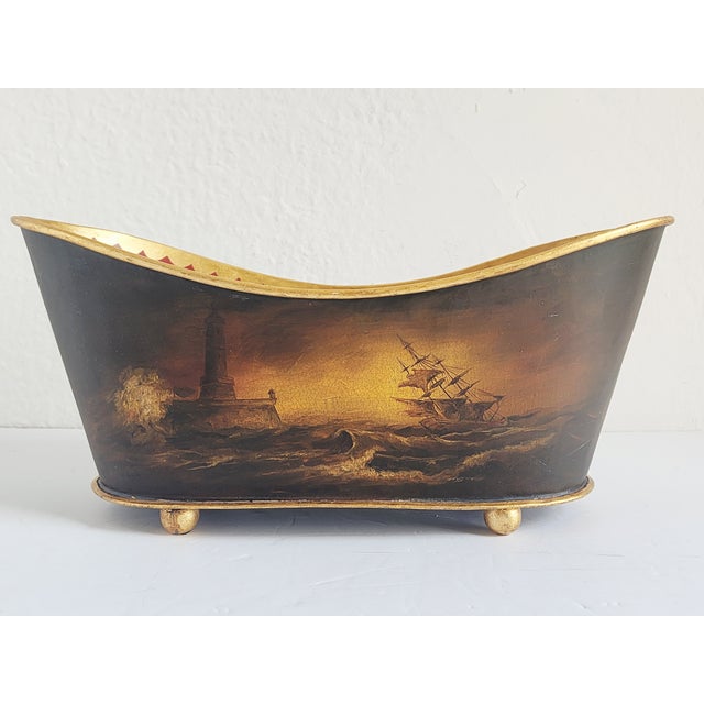 Traditional Decorative Tole Hand Painted Jardiniere For Sale - Image 3 of 13