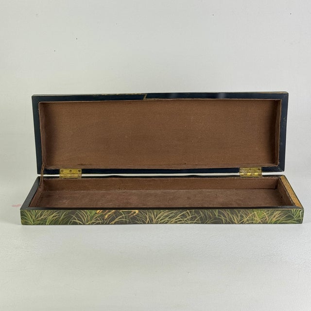 Mid 19th Century An Old Vintage Elongated Keepsake Box With Horse Rider & Dogs Hunting Scene For Sale - Image 5 of 11