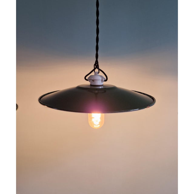 Metal Vintage Industrial Pendant Lights in Green Enameled Sheet Metal and Porcelain, 1940s, Set of 3 For Sale - Image 7 of 18