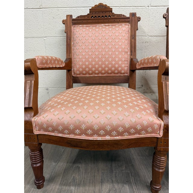 Textile Antique Victorian Eastlake Carved His and Hers Parlor Chairs - Pair For Sale - Image 7 of 11