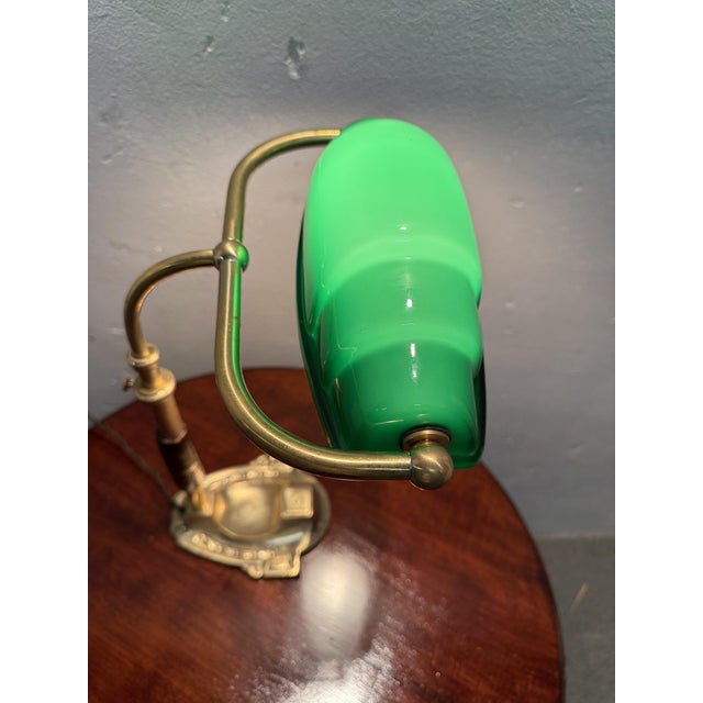 Forest Green Churchill Ministerial Lamp in Brass and Green Opaline Glass, 1920s For Sale - Image 8 of 8