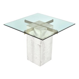 Travertine Stone and Brass Pedestal Side Table With Square Glass For Sale