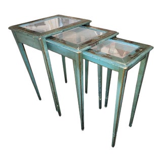 1940s Set of Three Original Blue Painted Nesting/Side Tables For Sale