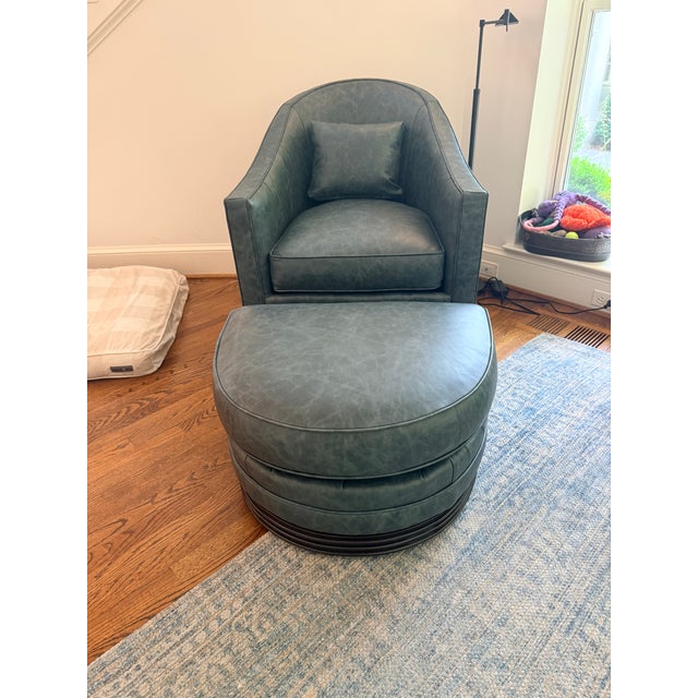 Vanguard Furniture Vanguard Syms Leather Swivel Chair and Ottoman For Sale - Image 4 of 5