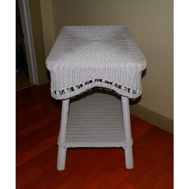 Vintage White Draped Wicker Rattan Sculpted Beaded Coffee Table Plant Stand For Sale - Image 9 of 18