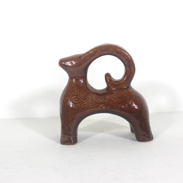 Mid 20th Century Mid Century Modern Ceramic Ram or Goat Pottery, Small Animal Figurine Vintage Sculpture Bitossi Style Rust Brown For Sale - Image 5 of 9