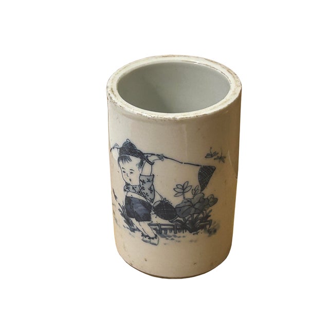 Ceramic Chinese Distressed White Porcelain Blue Kid Playing Graphic Holder Vase For Sale - Image 7 of 10
