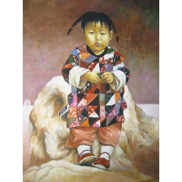 1980s Chinese Child Prayer Inspired Framed Portrait Oil on Canvas For Sale - Image 18 of 18