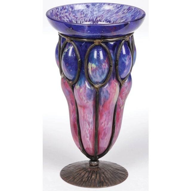 French Art Deco Schneider Mottled Cobalt Glass Vase in Wrought Iron Mount, 1920s For Sale - Image 9 of 9