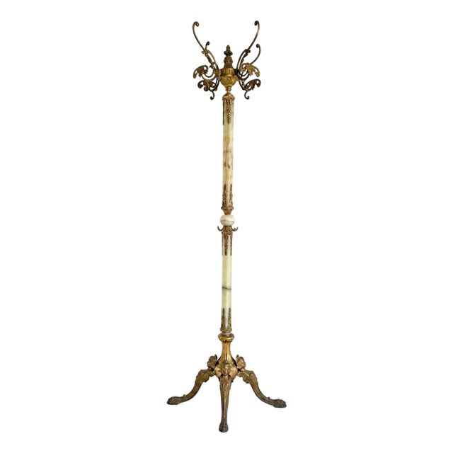 Vintage Italian Onyx Marble and Brass Hall Tree with Rotating Crown and Sculptural Base, 1960s For Sale