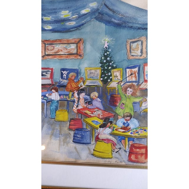 Modern Betty Kathe' Original Watercolor Christmas at Moma Children's Art Class 1950s For Sale - Image 3 of 5