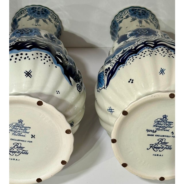 Pair of Royal Goedewaagen Pair of Delft Blue & White Hand-Painted Porcelain Vases for Baker Knapp & Tubbs For Sale - Image 9 of 12