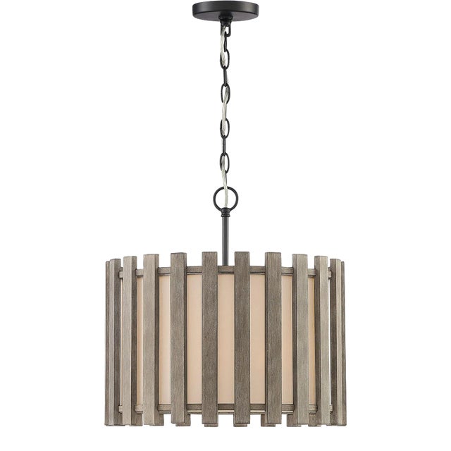 Inland Single-Light Transitional Slatted Wood Drum Pendant For Sale