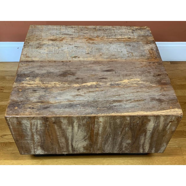 Vintage Rustic azed wood square coffee table with black base. Specifically designed with a thick boxy wood block appearance.