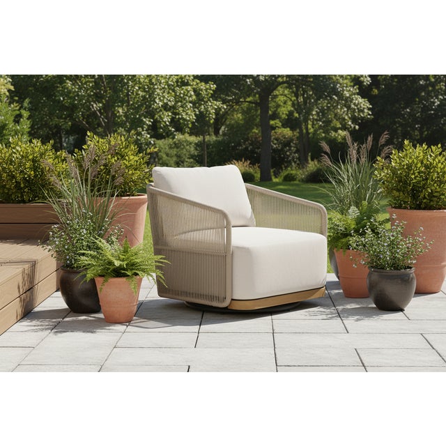 Alpine Teak Wood Modern Swivel Outdoor Arm Chair – Beige For Sale - Image 17 of 17