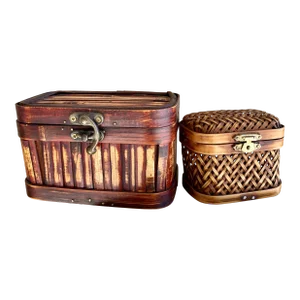Late 20th-Century Petite Handwoven Rattan & Bamboo Decorative Storage Boxes – A Pair