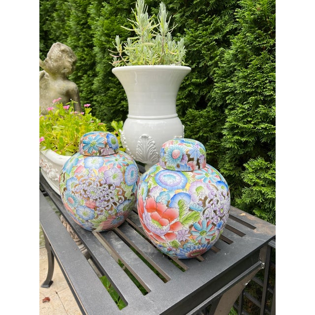 Rose Mille Fleur Famille Rose Style Porcelain Ginger Jars – Hand-Painted Ginger Jars, Pair For Sale - Image 8 of 10