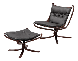 Set of Vintage Falcon Chairs and Ottoman in Brown Leather and Plywood by Sigurd Ressell for Vatne Møbler, 1970s
