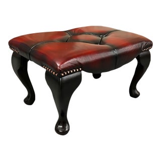 Vintage Mid-Century English Leather Button Tufted Chesterfield Footstool Ottoman, Oxblood For Sale