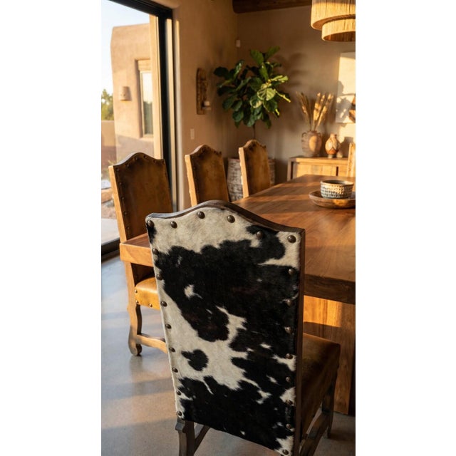 Mid-Century Modern Rodeo Juárez Chair, Cowhide Reclaimed Wood, Fabric Seat, Rustic Hacienda, Farmhouse Dining Chair, Handcrafted For Sale - Image 3 of 6