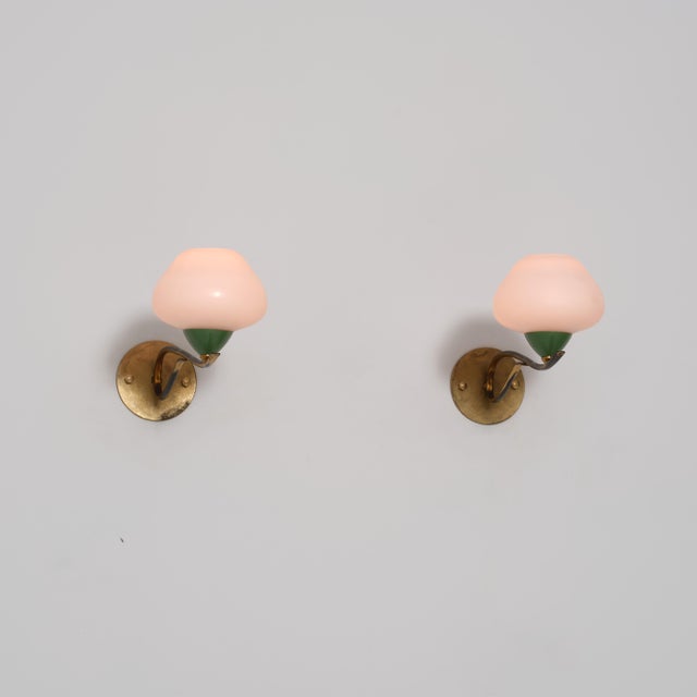 Mid-Century Modern Italian Brass, Green Lacquered Metal and Opaline Glass Wall Sconces, 1950s, Set of 2 For Sale - Image 3 of 13