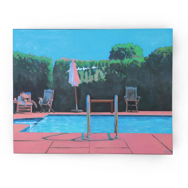 Poolside Painting Signed Tollpin, 1990, Oil on Canvas For Sale - Image 6 of 9