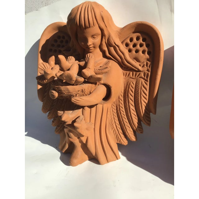 Brown Vintage Angel Mexico Terracotta Wall Girl Bird Sculpture For Sale - Image 8 of 8