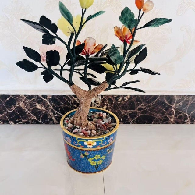Vintage Gemstone & Cloisonné Enamel Bonsai Tree – Jade, Agate & Crystal Flowers For Sale - Image 4 of 9