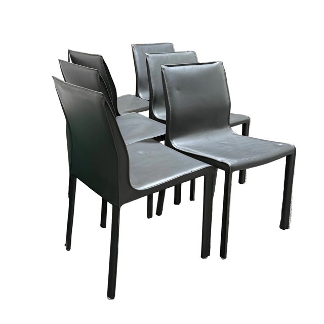 Modern Set of 6 Chic Modern Gray Leather Stitched Dining Chairs For Sale - Image 3 of 9